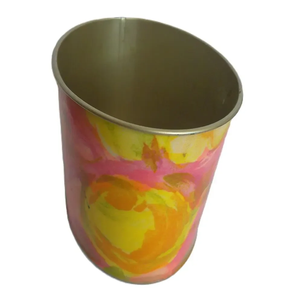 Vtg 70s Psychedelic Flower Power Tin Planter Mod Groovy Orange Pink Canister